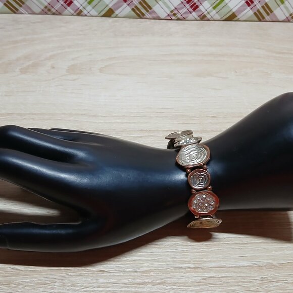 Vintage Bronze Tone Brown Flat Bead Stretch Bracelet Cuff #27 - Picture 4 of 13